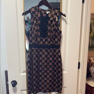 Milly black purple gold print sleeveless dress with grosgrain waist and bows